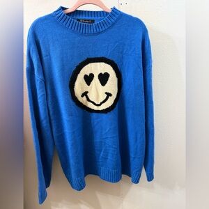 Simple Blue Crewneck Sweater with Smiley Design